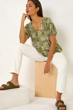 Roman Khaki Floral Print Bubble Hem Top