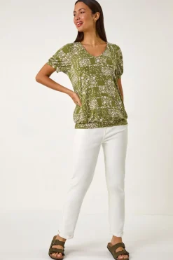 Roman Khaki Floral Print Bubble Hem Top