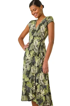 Roman Khaki Floral Stretch Midi Wrap Dress