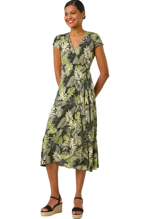 Roman Khaki Floral Stretch Midi Wrap Dress