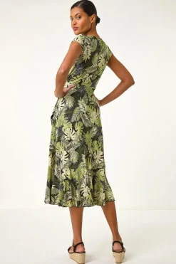 Roman Khaki Floral Stretch Midi Wrap Dress