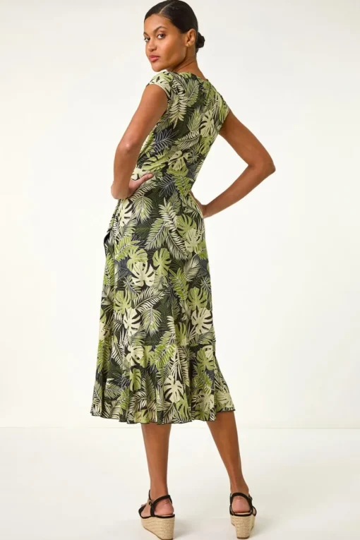 Roman Khaki Floral Stretch Midi Wrap Dress