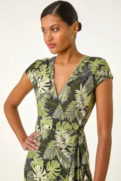 Roman Khaki Floral Stretch Midi Wrap Dress