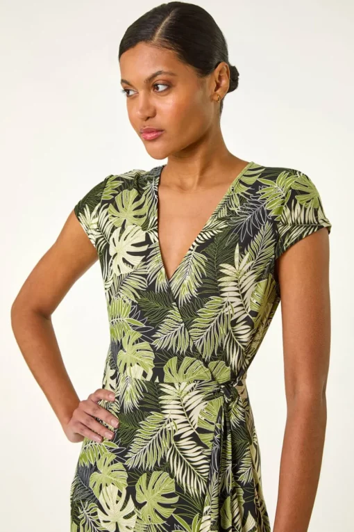 Roman Khaki Floral Stretch Midi Wrap Dress