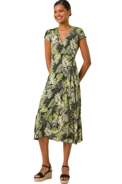 Roman Khaki Floral Stretch Midi Wrap Dress