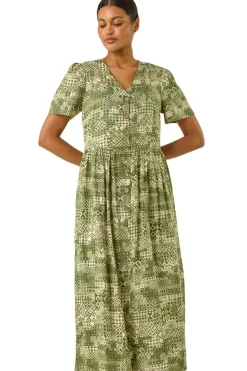 Roman Khaki Geo Print Button Midi Dress