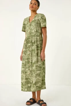 Roman Khaki Geo Print Button Midi Dress