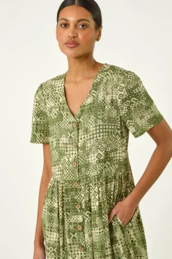 Roman Khaki Geo Print Button Midi Dress