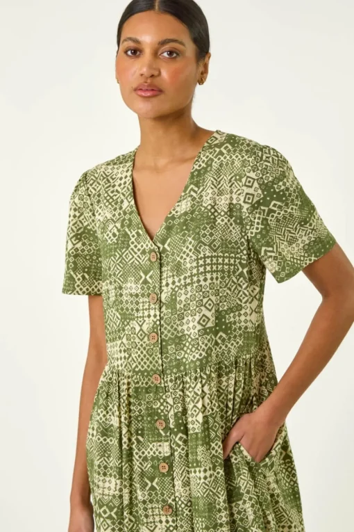 Roman Khaki Geo Print Button Midi Dress