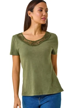 Roman Khaki Lace Neck Trim Stretch Top