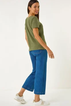 Roman Khaki Lace Neck Trim Stretch Top