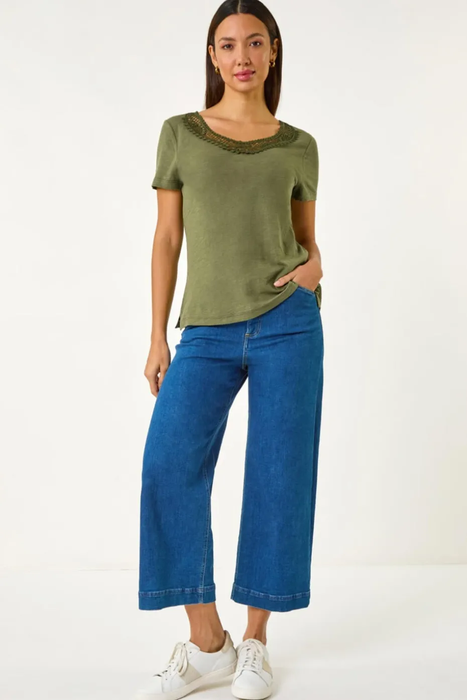 Roman Khaki Lace Neck Trim Stretch Top