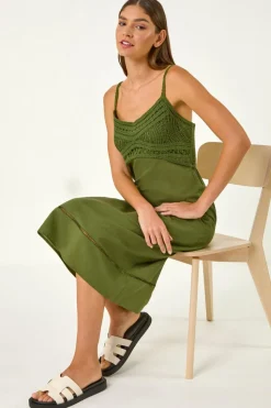 Roman Khaki Lace Panel Strappy Midi Dress