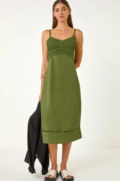 Roman Khaki Lace Panel Strappy Midi Dress