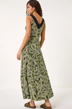 Roman Khaki Leaf Print Contrast Band Maxi Dress