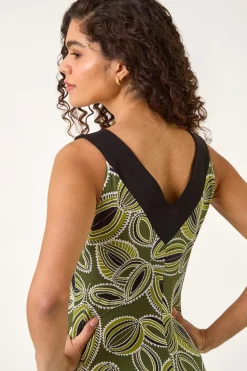 Roman Khaki Leaf Print Contrast Band Maxi Dress