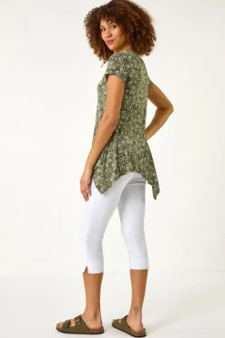 Roman Khaki Leaf Print Hanky Hem Stretch Top
