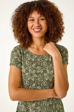 Roman Khaki Leaf Print Hanky Hem Stretch Top