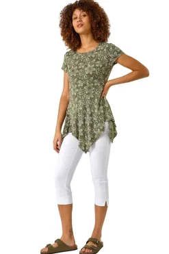 Roman Khaki Leaf Print Hanky Hem Stretch Top