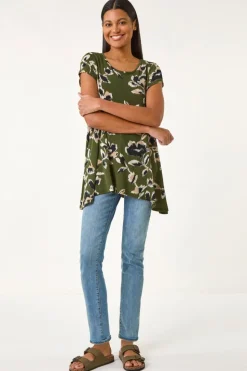 Roman Khaki Leaf Print Hanky Hem Tunic Top