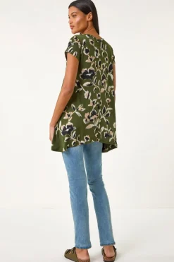 Roman Khaki Leaf Print Hanky Hem Tunic Top
