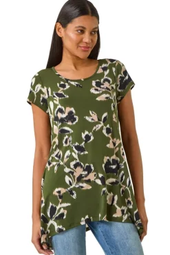 Roman Khaki Leaf Print Hanky Hem Tunic Top