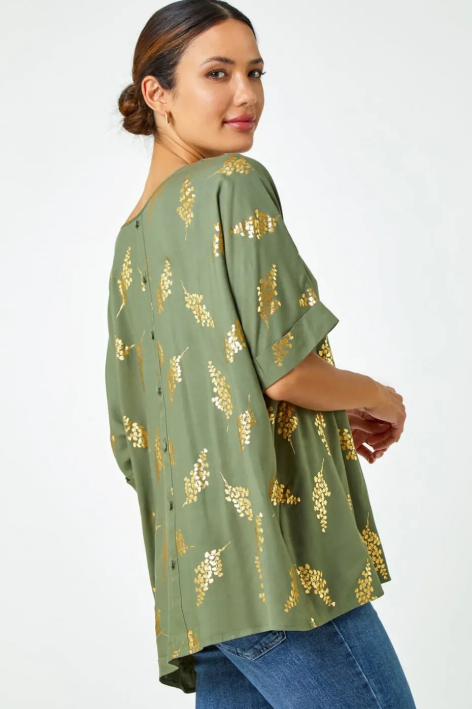 Roman Khaki Metallic Leaf Print Oversized T-Shirt