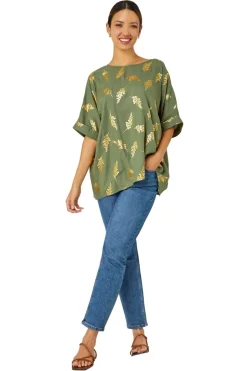 Roman Khaki Metallic Leaf Print Oversized T-Shirt