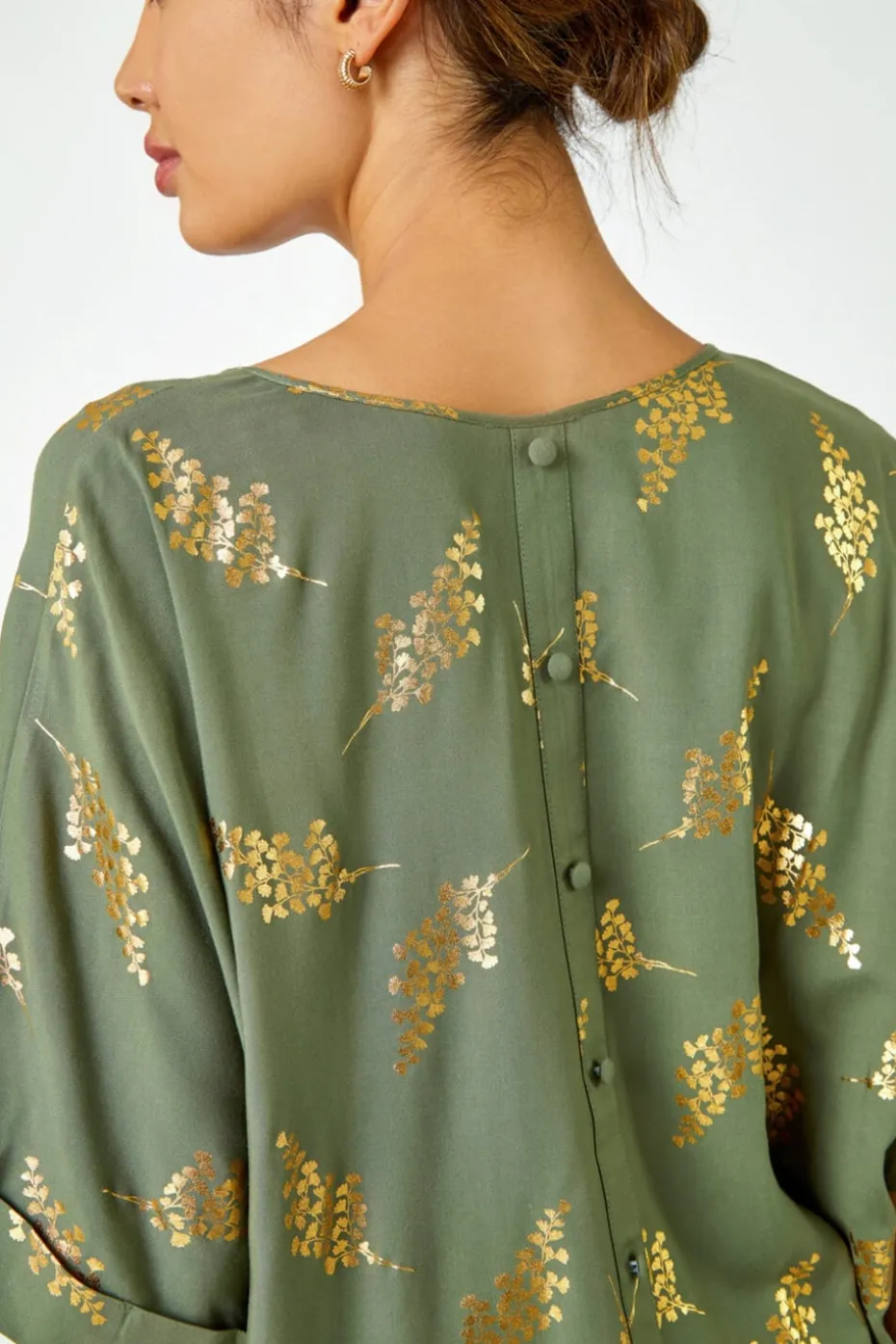 Roman Khaki Metallic Leaf Print Oversized T-Shirt