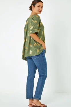 Roman Khaki Metallic Leaf Print Oversized T-Shirt