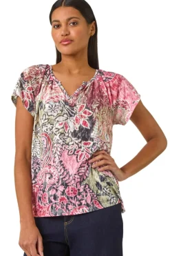 Roman Khaki Paisley Print V-Neck Raglan Top