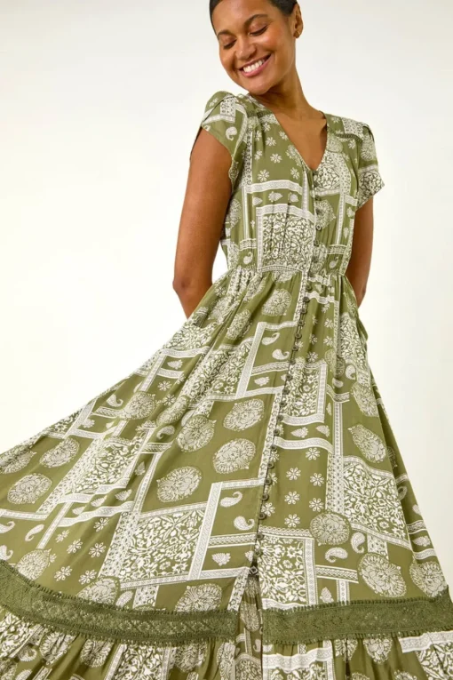 Roman Khaki Patchwork Lace Trim Maxi Dress