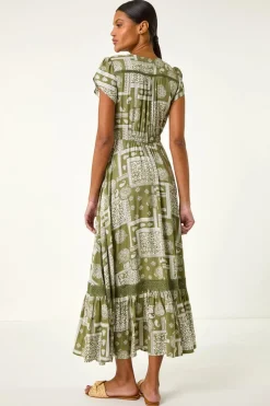 Roman Khaki Patchwork Lace Trim Maxi Dress