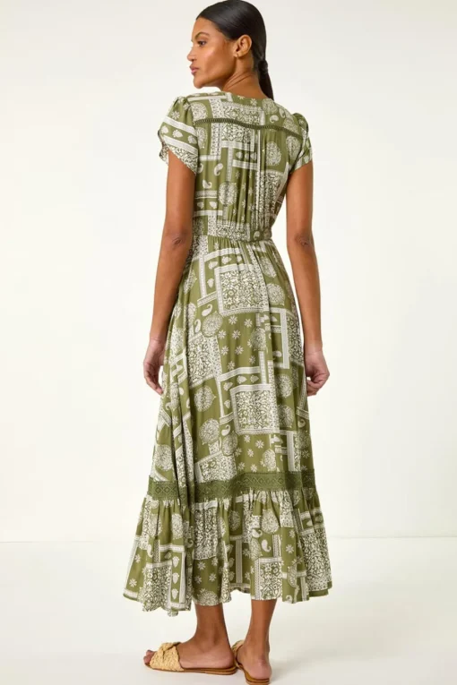 Roman Khaki Patchwork Lace Trim Maxi Dress