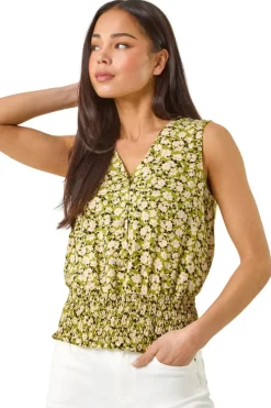 Roman Khaki Petite Ditsy Print Shirred Blouson Top