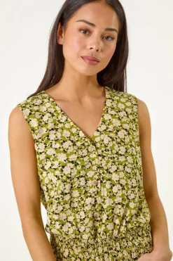 Roman Khaki Petite Ditsy Print Shirred Blouson Top