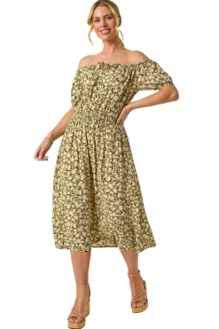 Roman Khaki Petite Ditsy Print Bardot Midi Dress