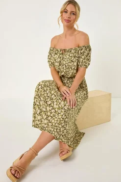 Roman Khaki Petite Ditsy Print Bardot Midi Dress