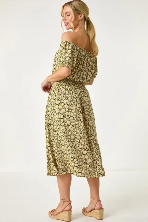 Roman Khaki Petite Ditsy Print Bardot Midi Dress