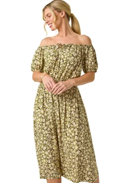 Roman Khaki Petite Ditsy Print Bardot Midi Dress