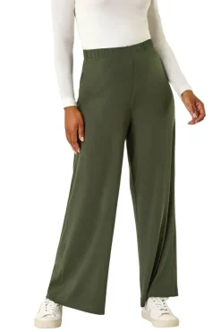 Roman Khaki Petite Elastic Waist Wide Leg Stretch Trouser