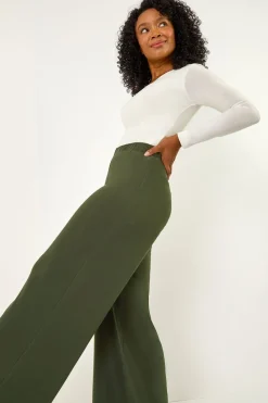 Roman Khaki Petite Elastic Waist Wide Leg Stretch Trouser