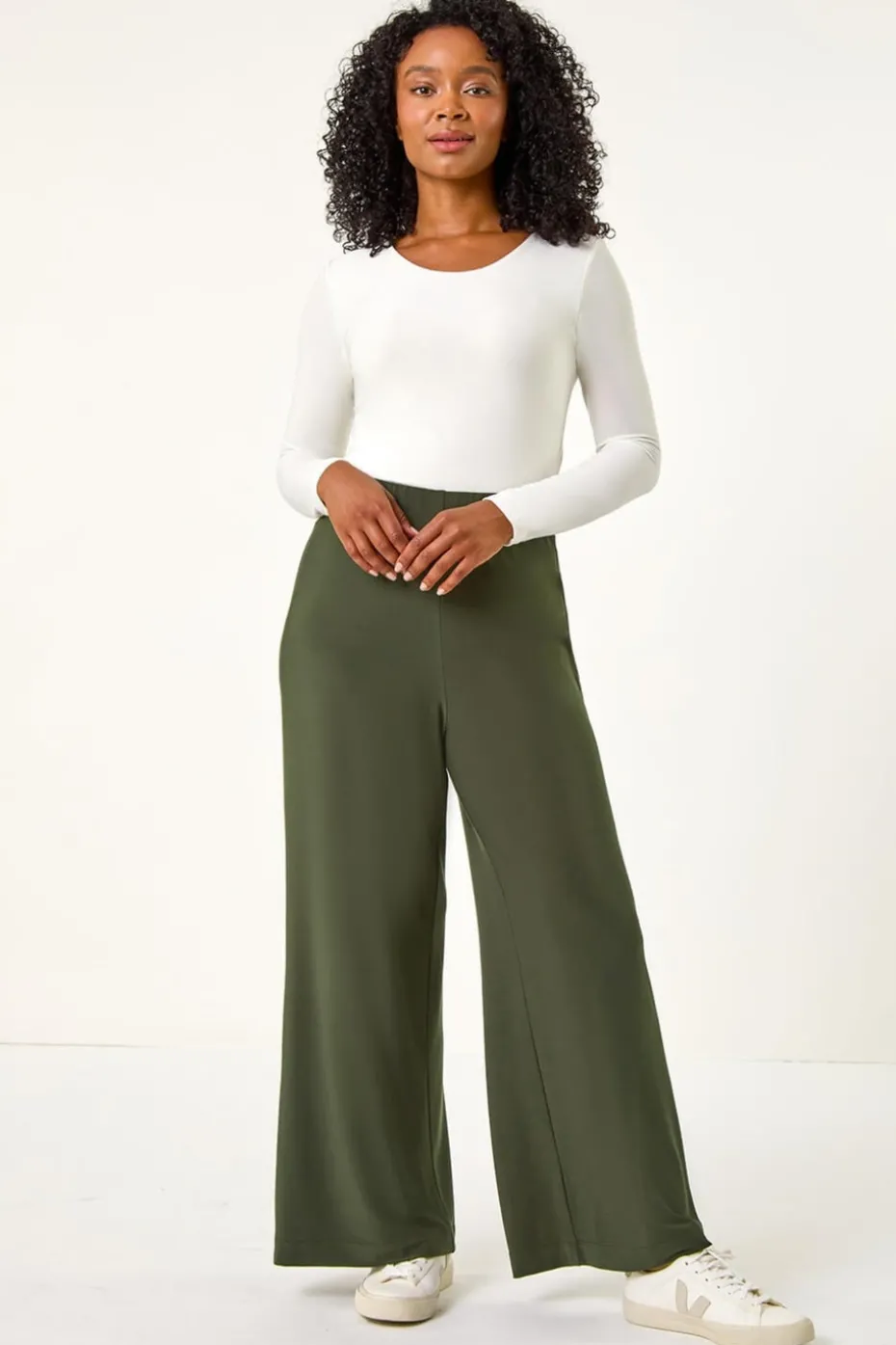 Roman Khaki Petite Elastic Waist Wide Leg Stretch Trouser