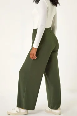 Roman Khaki Petite Elastic Waist Wide Leg Stretch Trouser