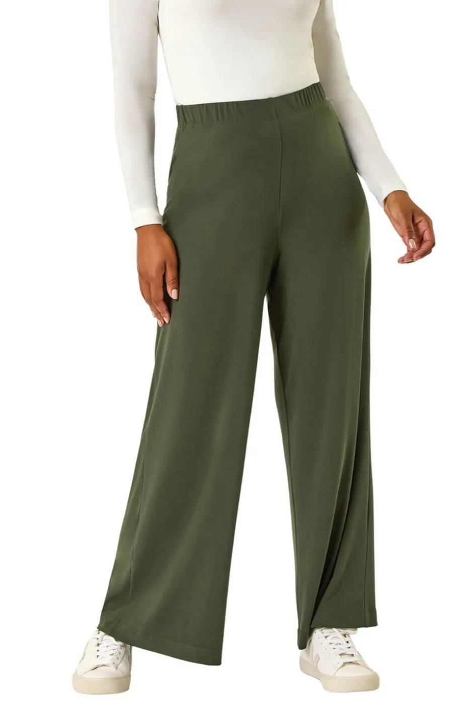 Roman Khaki Petite Elastic Waist Wide Leg Stretch Trouser