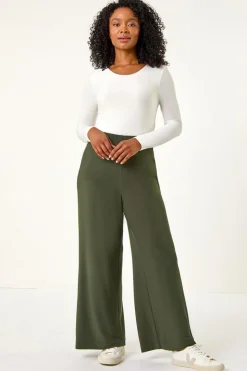 Roman Khaki Petite Elastic Waist Wide Leg Stretch Trouser