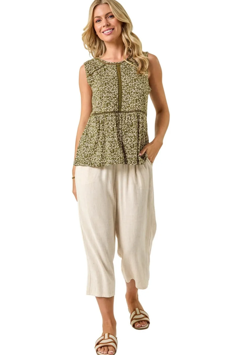 Roman Khaki Petite Floral Print Trim Vest Top