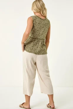 Roman Khaki Petite Floral Print Trim Vest Top