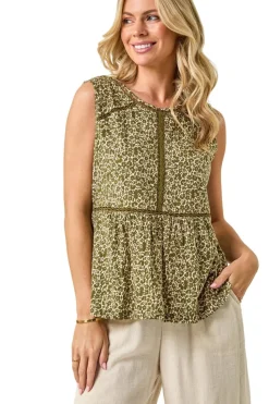 Roman Khaki Petite Floral Print Trim Vest Top