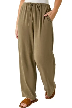 Roman Khaki Petite Linen Mix Wide Leg Trouser